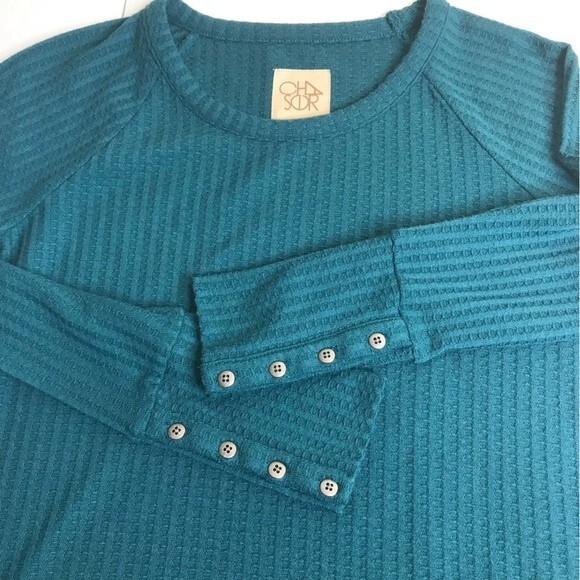 Chaser Waffle Knit Thermal Button Cuff Green Long Sleeve Round Neck Women Medium - Picture 6 of 14